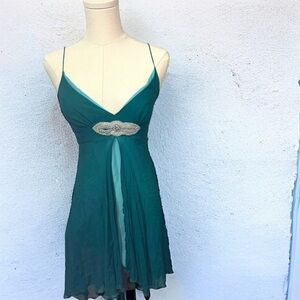 Heart moon star 100% silk babydoll lingerie gown in teal with pearl embroidery S